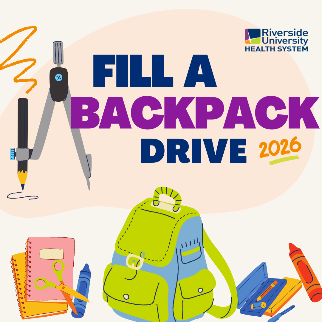 Graphic for the Fill A Backpack event with illustrations of backpack and school supplies.