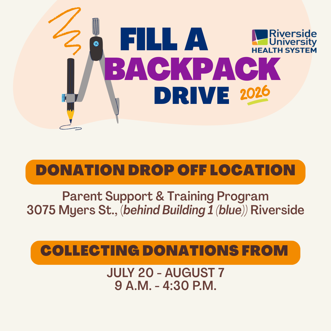 Graphic for the Fill A Backpack event with illustrations of backpack and school supplies.