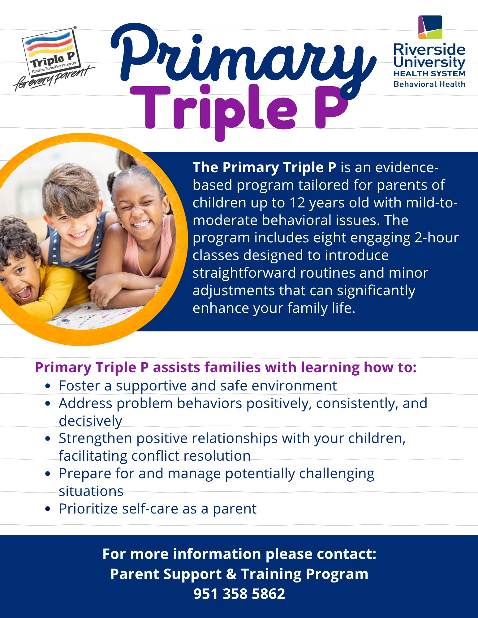Primary Triple P flyer with a photograph of young children and listed program features.