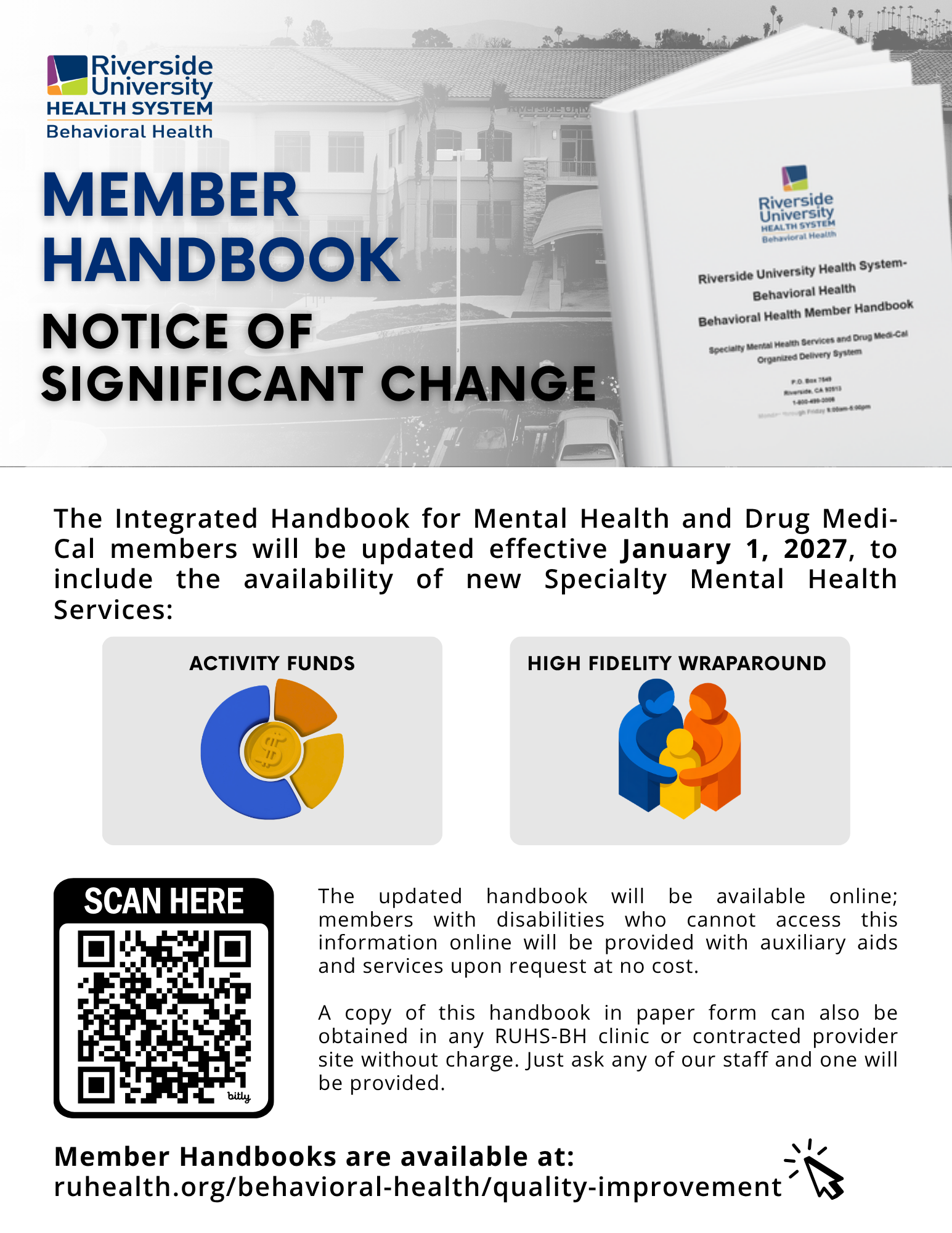 Member Handbook Note of Significant Changes flyer with statement of changes and photo of Corona CHC Clinic and a physical handbook.