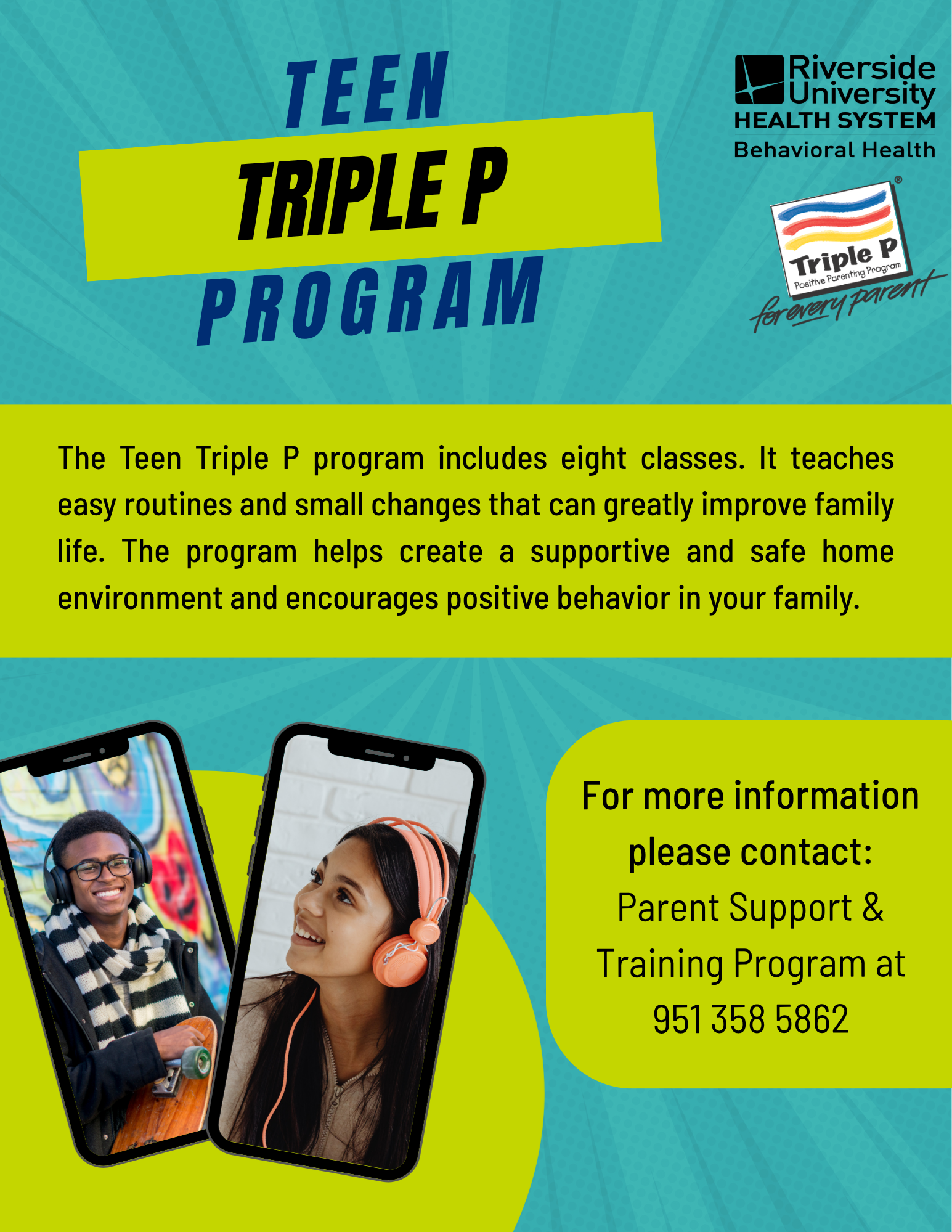 Teen Triple P Program flyer with photographs of teens and list of program features.